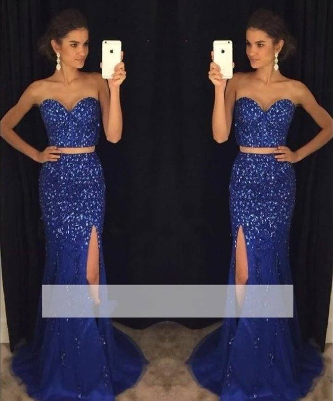 Blue Prom Dresses Mermaid Sweetheart Tulle Beaded Crystals Slit Long Prom Gown Evening Dresses Evening Gown Robe De Soiree - RongMoon