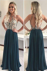 Sexy A-line Halter Sleeveless Beading Long Chiffon Formal Dresses