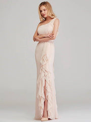 Sheath / Column One Shoulder Long Length Chiffon Bridesmaid Dress with Cascading Ruffles - RongMoon