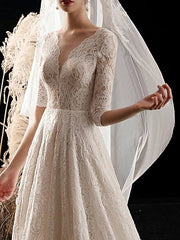 A-Line Wedding Dresses V Neck Sweep / Brush Train Lace 3/4 Length Sleeve Formal Romantic Vintage with Pleats - RongMoon