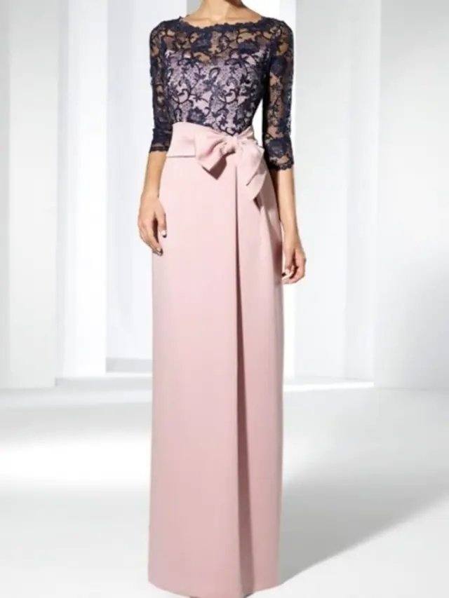 Sheath / Column Mother of the Bride Dress Elegant Jewel Neck Floor Length Lace Satin 3/4 Length Sleeve with Bow(s) - RongMoon