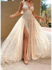 A-Line Glittering Sexy Engagement Prom Dress V Neck Sleeveless Sweep / Brush Train Satin with Pleats Sequin Split - RongMoon