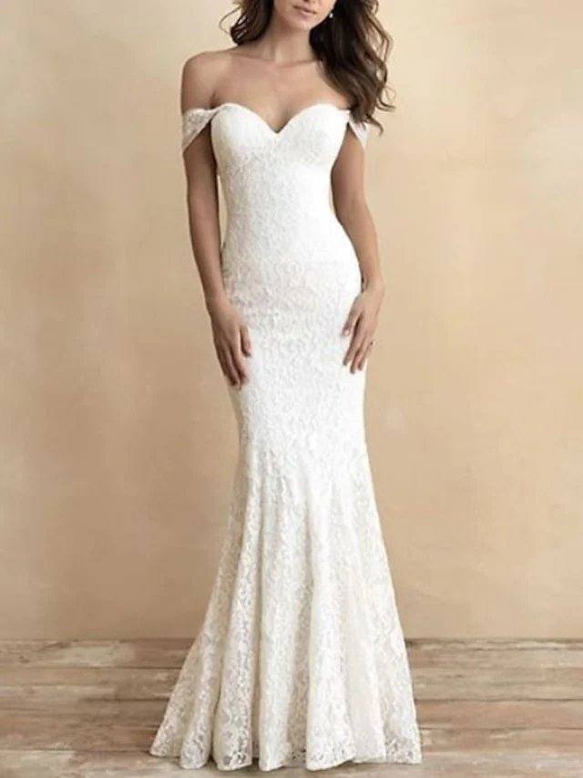 Mermaid / Trumpet Wedding Dresses Off Shoulder Sweep / Brush Train Lace Short Sleeve Romantic Plus Size - RongMoon