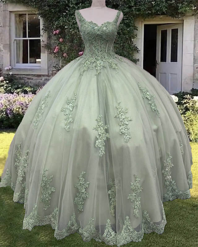 Sage Corset Ball Gown Appliques Tulle Dress