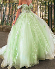 Sage Off-The-Shoulder 3D Flowers Ball Gown Dress