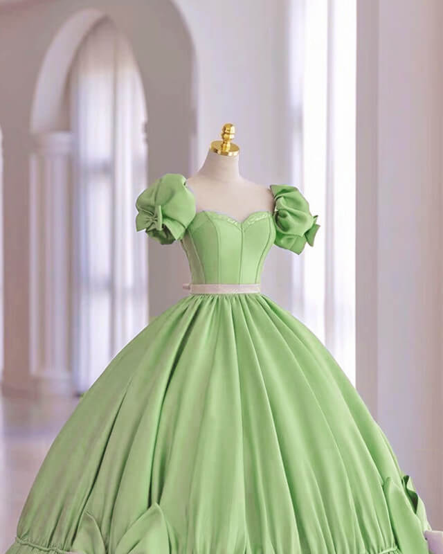 Modest Sage Satin Ball Gown Dress With Bow