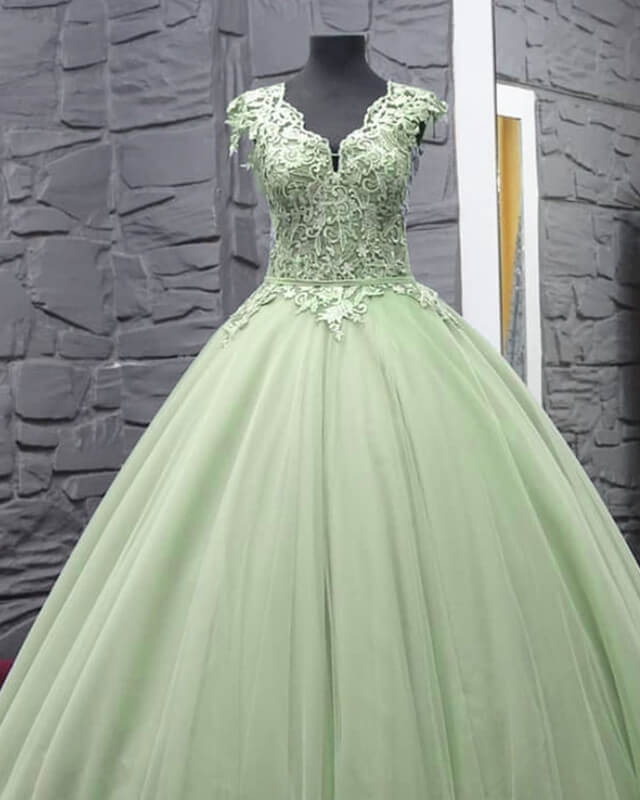 Lace V-neck Cap Sleeve Tulle Ball Gown