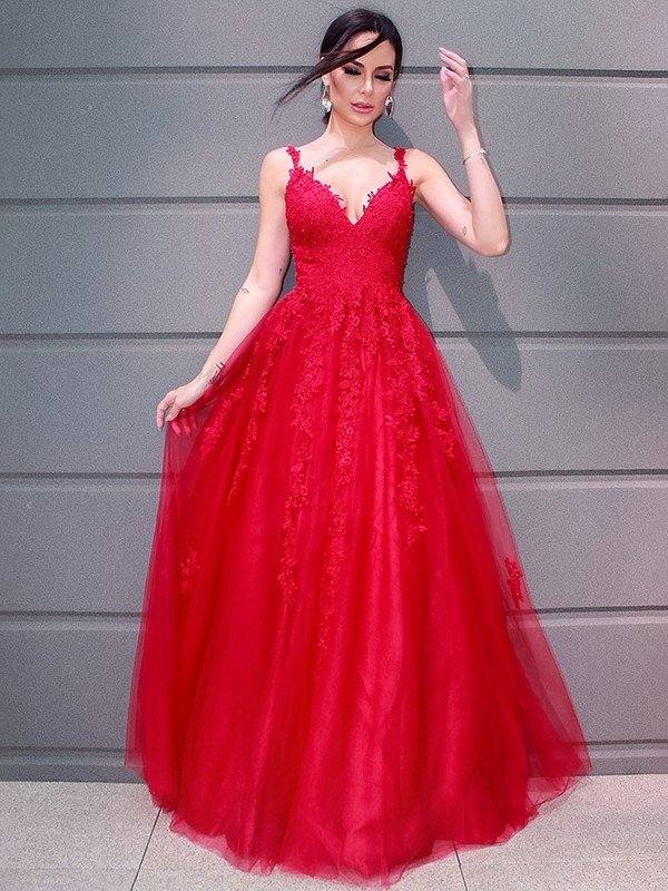 A-Line/Princess Tulle V-neck Floor-Length Applique Sleeveless Dresses - RongMoon