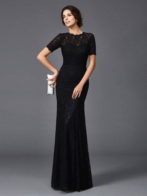 Sheath/Column Jewel Lace Short Sleeves Long Elastic Woven Satin Mother of the Bride Dresses - RongMoon