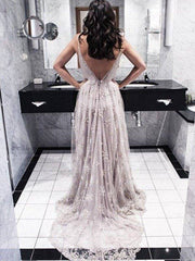 A-Line/Princess V-Neck Sleeveless Sweep/Brush Train Applique Lace Dresses - RongMoon