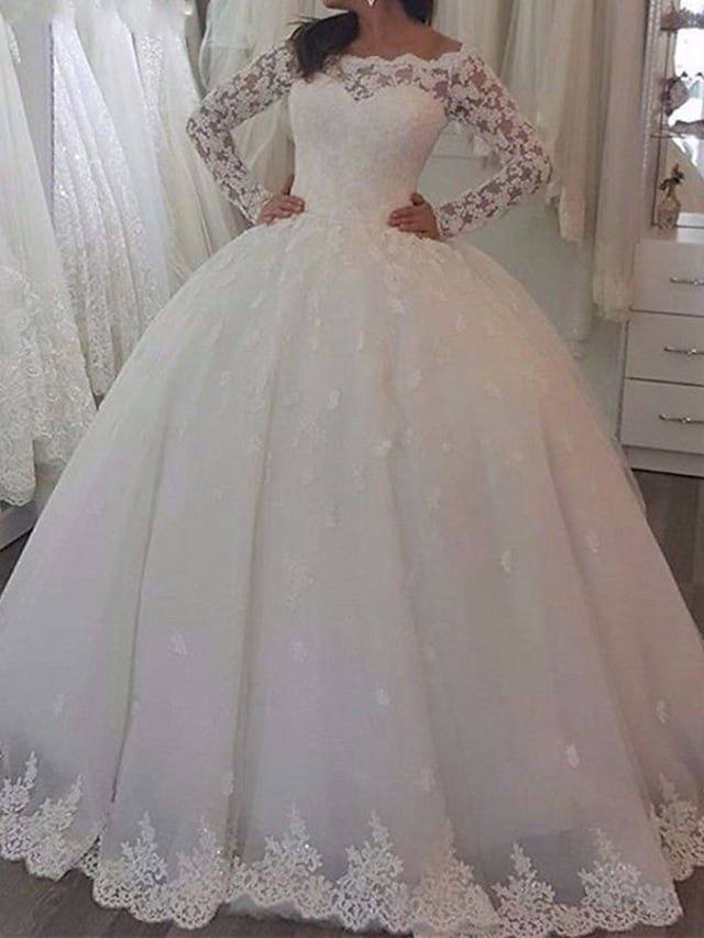 Princess A-Line Wedding Dresses Off Shoulder Sweep / Brush Train Lace Tulle Long Sleeve Romantic Luxurious with Appliques - RongMoon