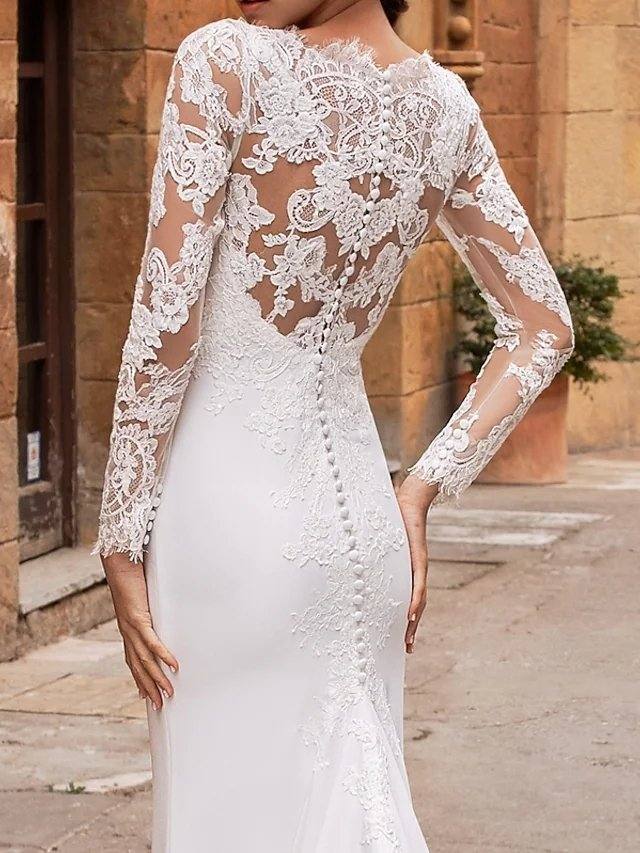 Mermaid / Trumpet Wedding Dresses V Neck Court Train Lace Stretch Satin Long Sleeve Plus Size Illusion Sleeve with Buttons - RongMoon