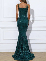 Mermaid / Trumpet Sparkle Sexy Engagement Formal Evening Dress Spaghetti Strap Strapless Sleeveless Sweep / Brush Train Stretch Fabric with Sequin - RongMoon