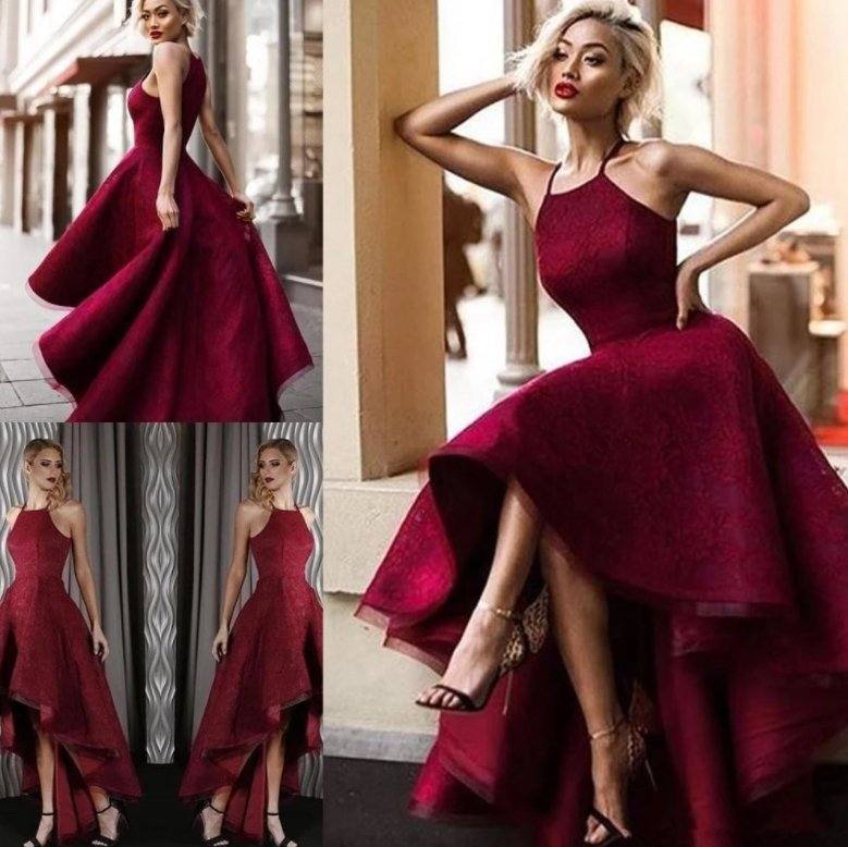 Elegant Robe De Soiree Ball Gown Halter High Low Lace Burgundy Sexy Long Prom Dresses Prom Gown Evening Dresses - RongMoon