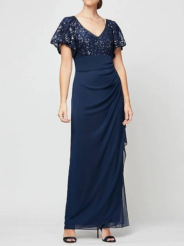 Sheath / Column Mother of the Bride Dress Elegant V Neck Floor Length Chiffon Sequined Short Sleeve with Sequin Ruching - RongMoon