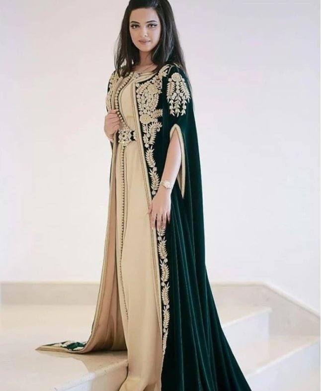 Green Moroccan Kaftan Caftan Muslim Evening Dresses A-line Velvet Appliques Dubai Arabic Turkey Abaya Islamic Long Evening Gown - RongMoon