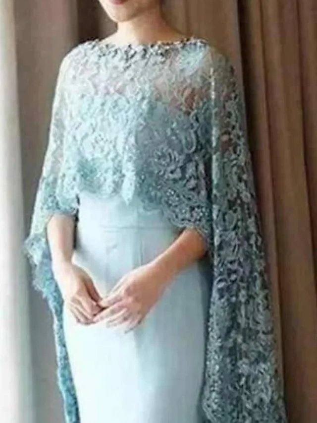 Sheath / Column Mother of the Bride Dress Elegant Jewel Neck Floor Length Chiffon Lace 3/4 Length Sleeve with Lace Appliques - RongMoon