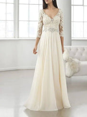 A-Line Mother of the Bride Dress Elegant V Neck Floor Length Chiffon Lace 3/4 Length Sleeve with Pleats Crystal Brooch - RongMoon