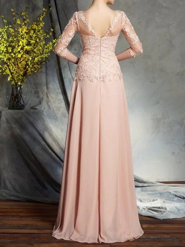 A-Line Mother of the Bride Dress Elegant Illusion Neck Floor Length Chiffon Lace 3/4 Length Sleeve with Pleats Appliques - RongMoon