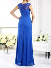 A-Line Mother of the Bride Dress Elegant Jewel Neck Floor Length Chiffon Lace Sleeveless with Sash / Ribbon Split Front Ruching - RongMoon