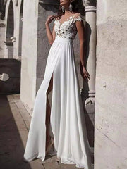 A-Line Wedding Dresses Jewel Neck Sweep / Brush Train Lace Stretch Satin Cap Sleeve Casual Beach Boho Plus Size with Draping Appliques - RongMoon