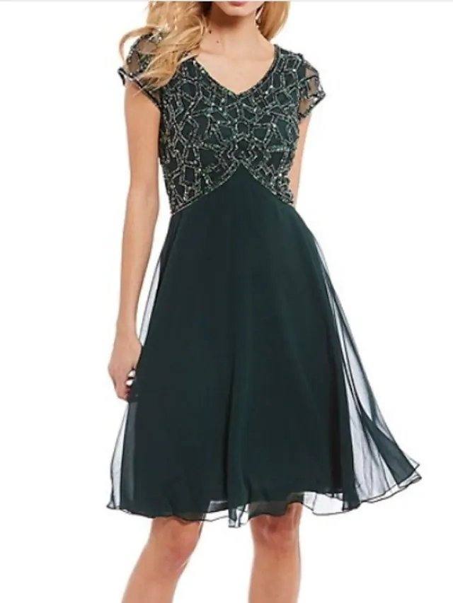A-Line Mother of the Bride Dress Plus Size V Neck Knee Length Chiffon Short Sleeve with Beading Ruching - RongMoon