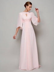 A-Line/Princess High Neck 1/2 Sleeves Beading Long Chiffon Mother of the Bride Dresses - RongMoon