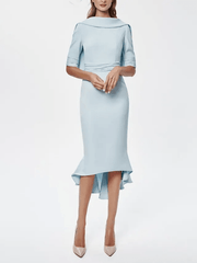 Sheath / Column Mother of the Bride Dress Elegant Jewel Neck Asymmetrical Knee Length Stretch Fabric Half Sleeve with Ruching - RongMoon