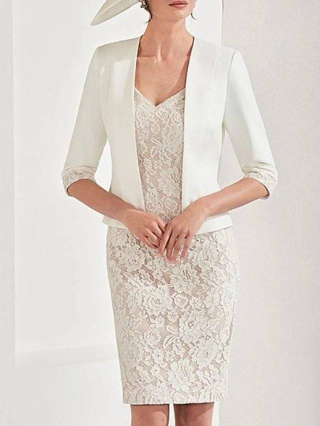 Two Piece Sheath / Column Mother of the Bride Dress Elegant V Neck Knee Length Lace Satin 3/4 Length Sleeve with Appliques - RongMoon