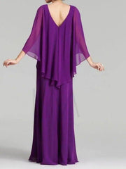 A-Line Mother of the Bride Dress Elegant V Neck Floor Length Chiffon 3/4 Length Sleeve with Beading Sequin - RongMoon