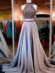 A-Line/Princess Sleeveless High Neck Satin Beading Sweep/Brush Train Two Piece Dresses - RongMoon