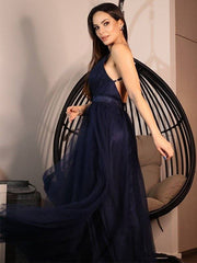 A-Line/Princess Tulle Ruffles V-neck Sleeveless Floor-Length Dresses - RongMoon