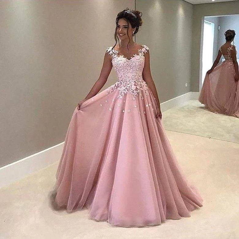 Pink Prom Dresses A-line Cap Sleeves Tulle Appliques Lace Long Women Prom Gown Evening Dresses Evening Gown Robe De Soiree - RongMoon