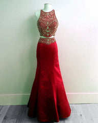 Red Satin Beaded Two Piece Mermaid Formal Gown