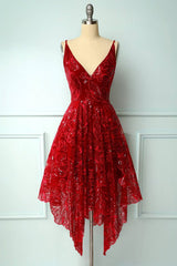 Burgundy v neck lace high low prom dress lace formal dress - RongMoon