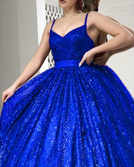 Royal Blue Prom Dresses Sparkly Ball Gown Spaghetti Straps