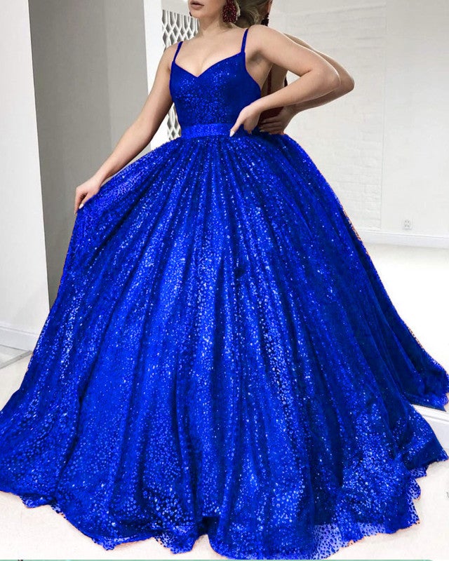 Royal Blue Prom Dresses Sparkly Ball Gown Spaghetti Straps