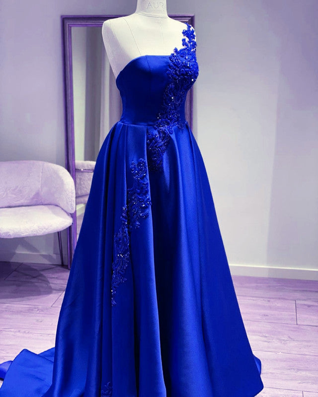 One Shoulder Satin Floor Length Prom Dresses Appliques