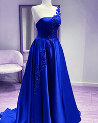 One Shoulder Satin Floor Length Prom Dresses Appliques