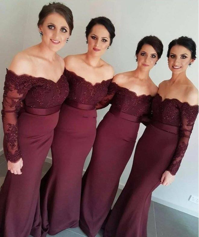 Burgundy Bridesmaid Dresses For Women Mermaid Off The Shoulder Lace Beaded Long Cheap Under 50 Wedding Party Dresses - RongMoon