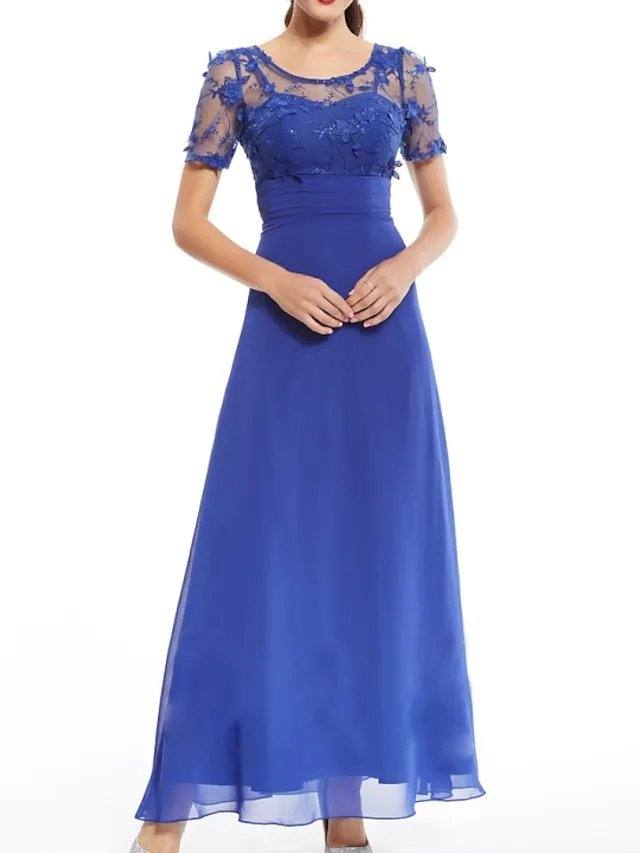 A-Line Mother of the Bride Dress Elegant Illusion Neck Jewel Neck Floor Length Chiffon Lace Short Sleeve with Appliques Ruching - RongMoon