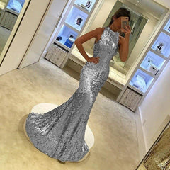 Silver Sequins Halter Long Mermaid Evening Gowns - RongMoon