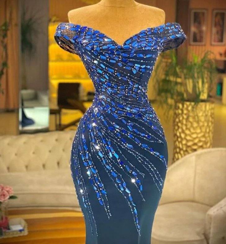 Blue Robe De Soiree Mermaid Off The Shoulder Beaded Crystals Long Prom Dresses Prom Gown Evening Dresses - RongMoon
