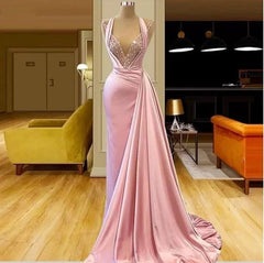 Pink Evening Dresses A-line V-neck Floor Length Sequins Long Turkey Dubai Saudi Arabic Evening Gown Prom Dresses - RongMoon