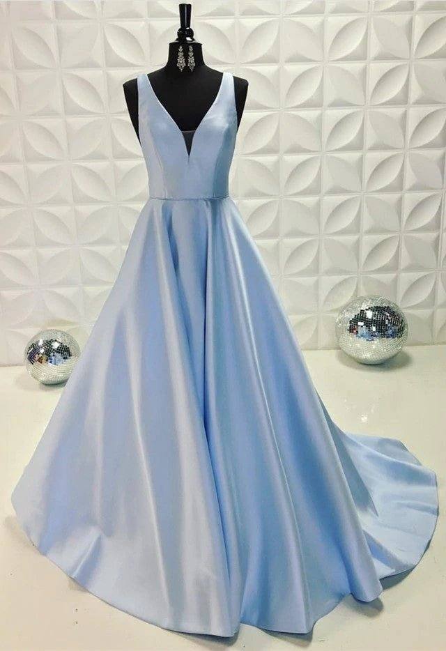 Light Blue Long Satin V-neck Dresses - RongMoon