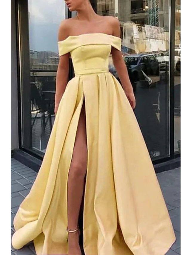 A-Line Minimalist Sexy Engagement Prom Dress Off Shoulder Sleeveless Floor Length Satin with Split - RongMoon