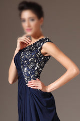 A-line One-Shoulder Beading Pleated Floor-length Evening Dresses