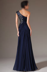 A-line One-Shoulder Beading Pleated Floor-length Evening Dresses