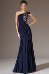 A-line One-Shoulder Beading Pleated Floor-length Evening Dresses