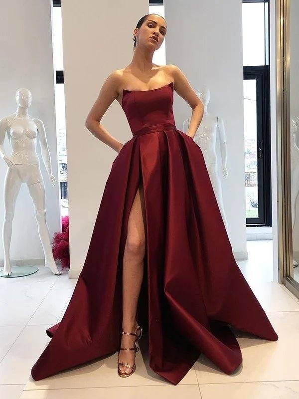 Ball Gown Sleeveless Strapless Sweep/Brush Train Ruffles Satin Dresses - RongMoon